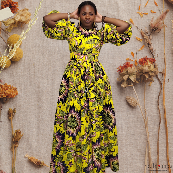 YELLOW SUN- AFRICAN COTTON PRINT DRESS S YELLOW SUN- AFRICAN COTTON PRINT DRESS S