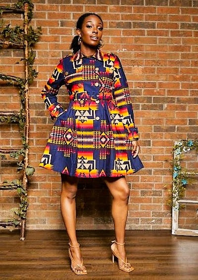 BLUE TRIBAL PRINT TRENCH COAT DRESS - Rahyma