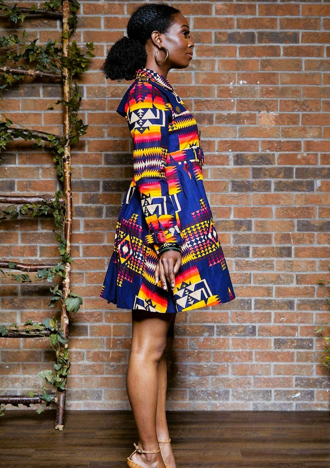 BLUE TRIBAL PRINT TRENCH COAT DRESS - Rahyma