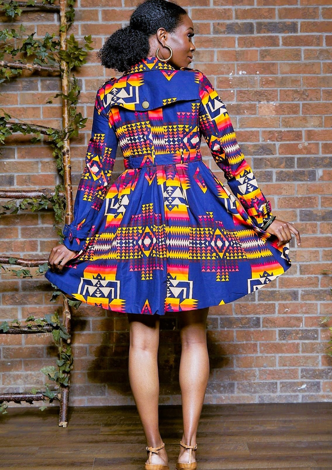 BLUE TRIBAL PRINT TRENCH COAT DRESS - Rahyma