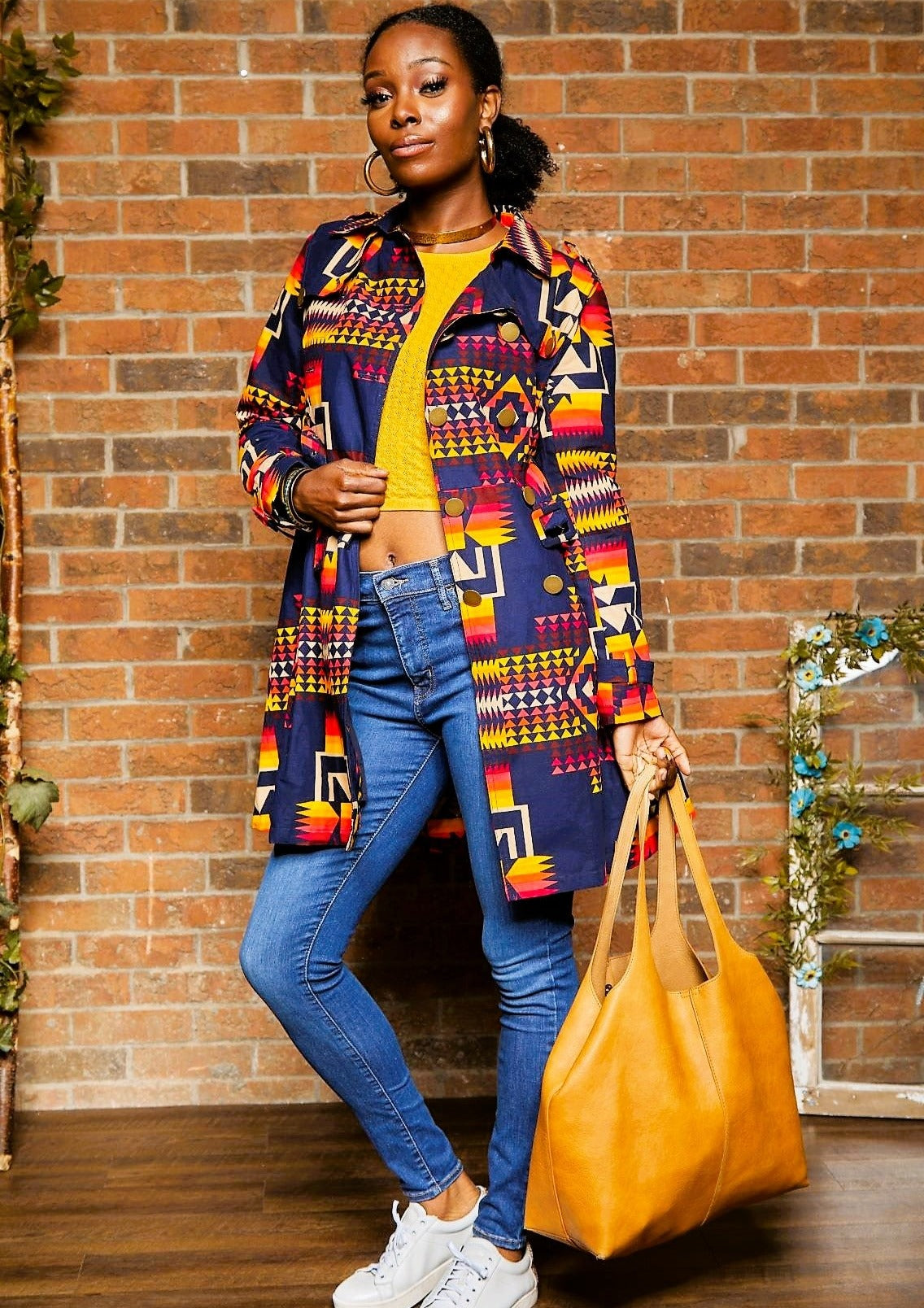 BLUE TRIBAL PRINT TRENCH COAT DRESS - Rahyma