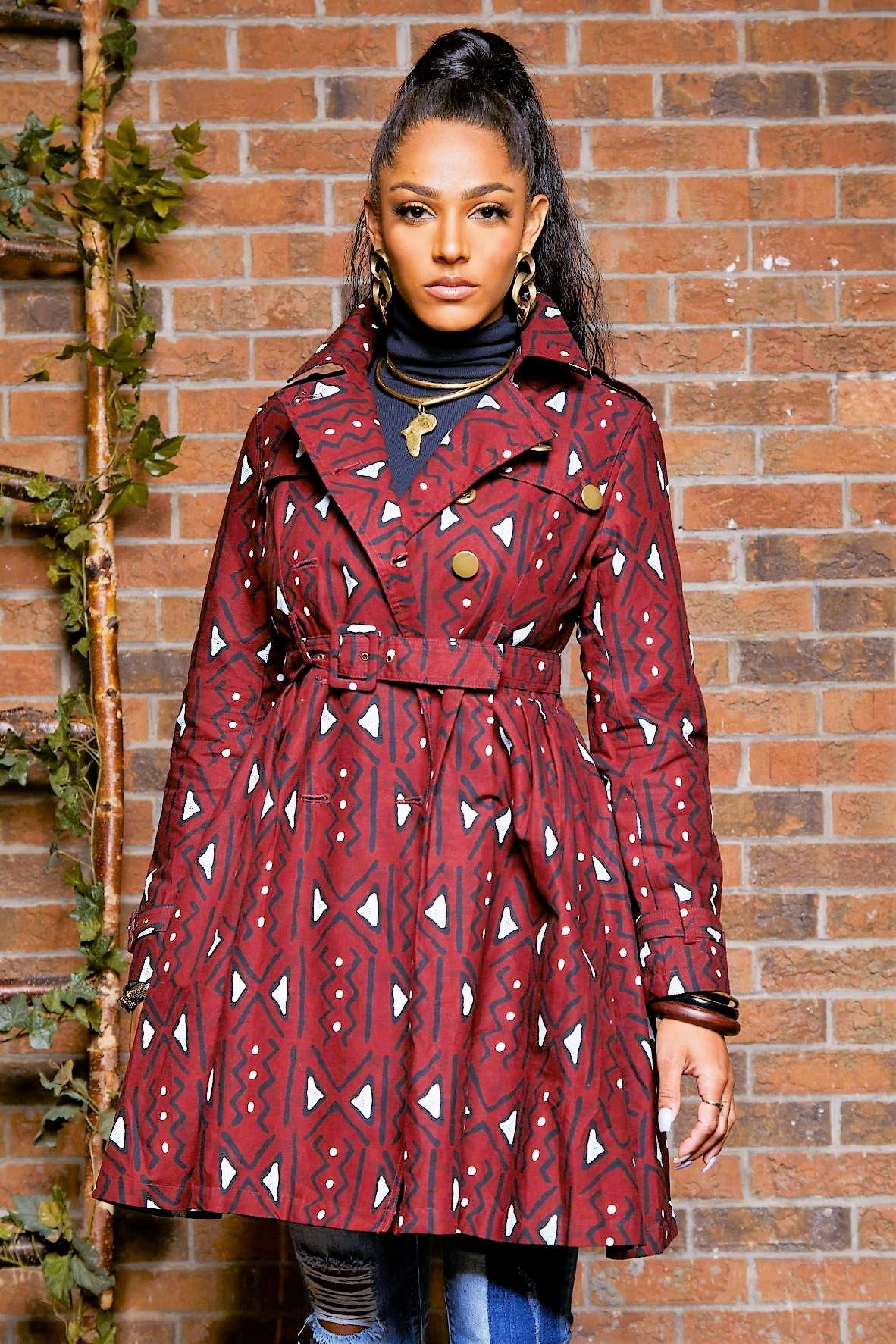 TRIBAL PRINT TRENCH COAT DRESS - Rahyma