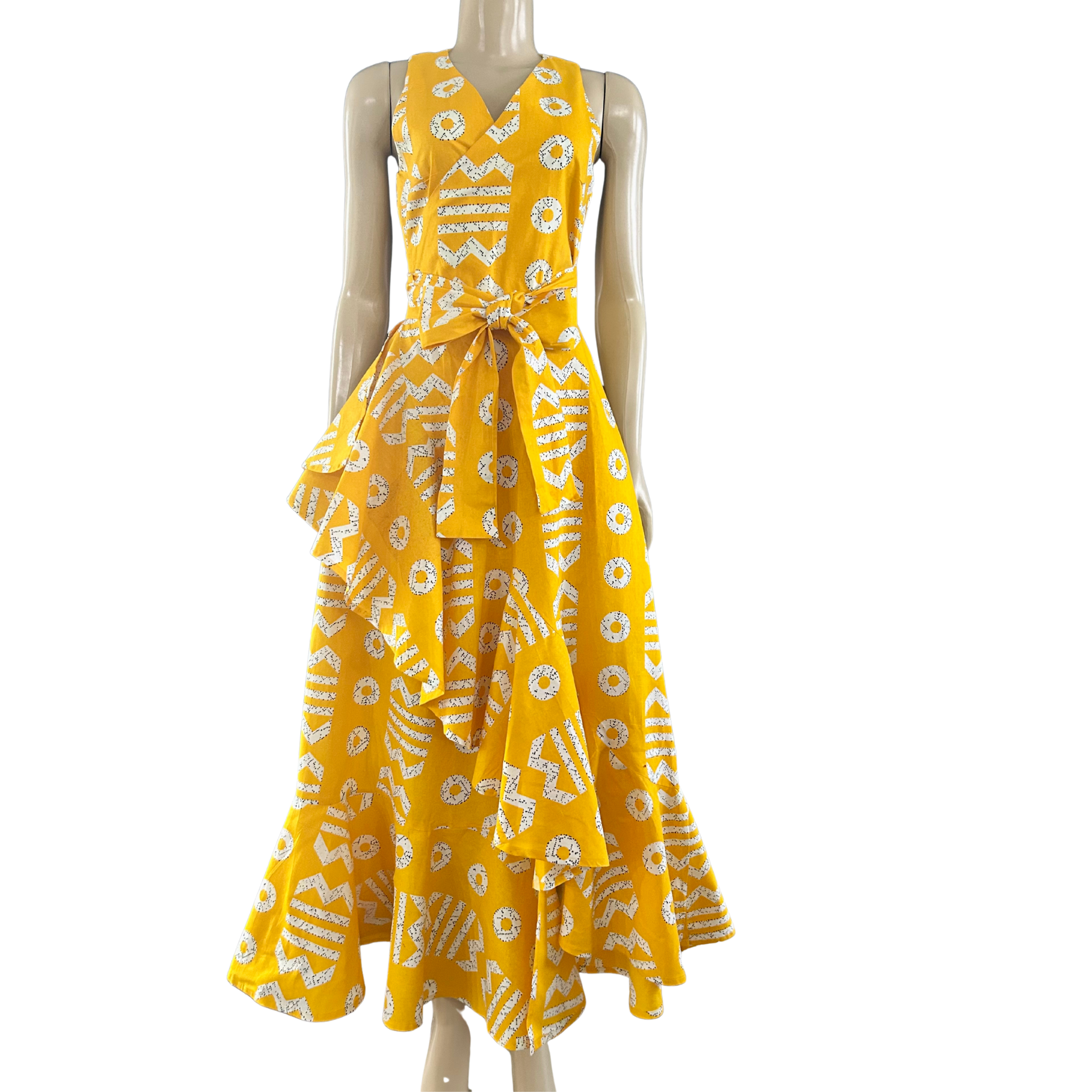 YELLOW BAILY AFRICAN PRINT WRAP DRESS S YELLOW BAILY AFRICAN PRINT WRAP DRESS S