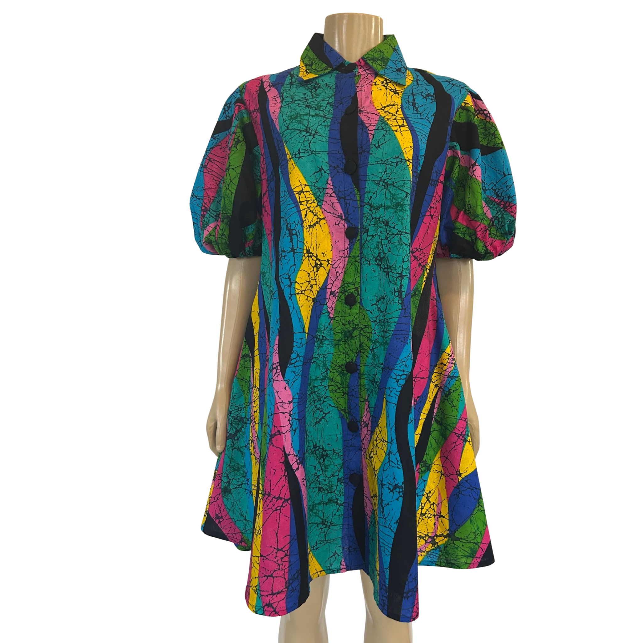 colorful shirt dress Rahyma Color Waves Ankara Shirt Dress – Puff Sleeve A-Line Mini Dress L