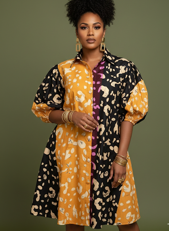 Sunset Safari Ankara Color-block Shirt Dress