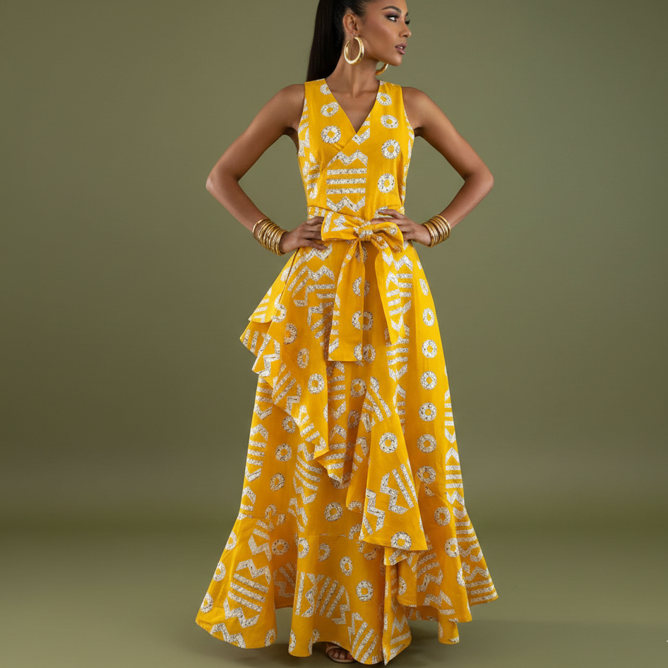 YELLOW BAILY AFRICAN PRINT WRAP DRESS S YELLOW BAILY AFRICAN PRINT WRAP DRESS S