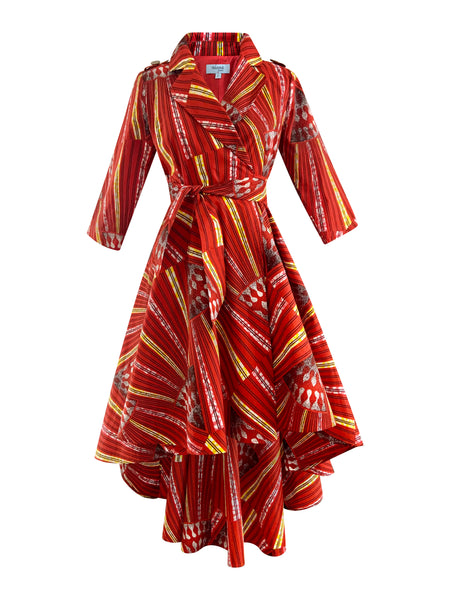RED HIGH-LOW WRAP DRESS JACKET - Rahyma