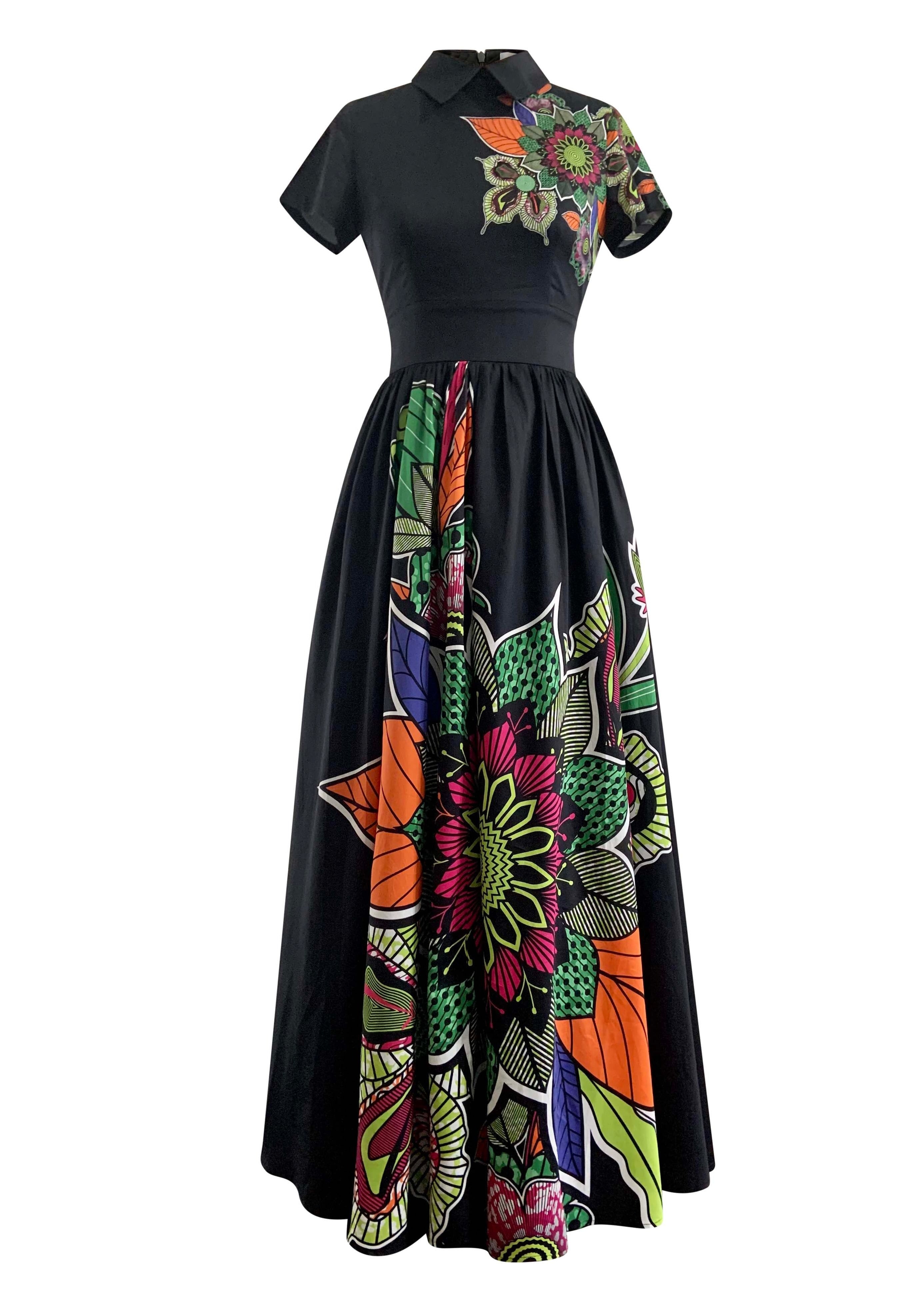 BLACK VINTAGE MAXI DRESS- FLORAL ORGANIC COTTON PRINT BLACK VINTAGE MAXI DRESS- FLORAL ORGANIC COTTON PRINT