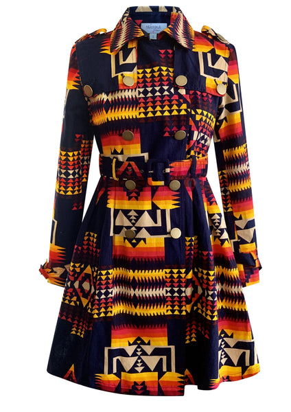 BLUE TRIBAL PRINT TRENCH COAT DRESS - Rahyma