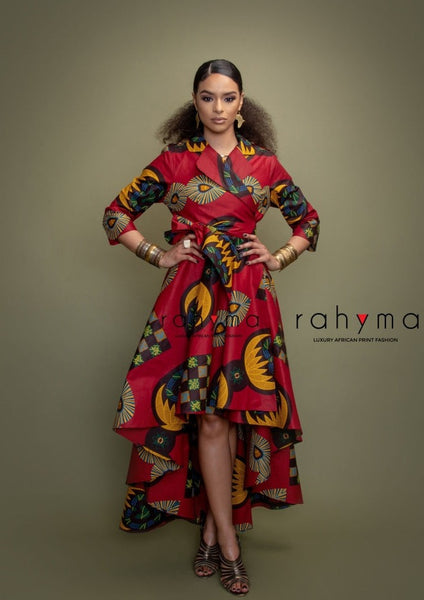 Burgundy Koko high-Low wrap dress Jacket - Rahyma