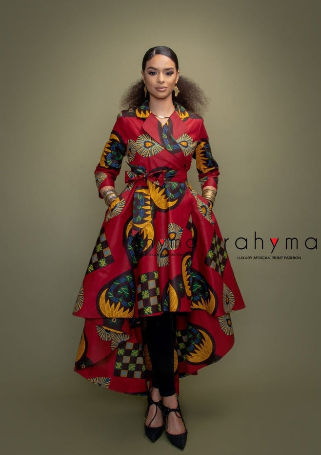 Burgundy Koko high-Low wrap dress Jacket - Rahyma